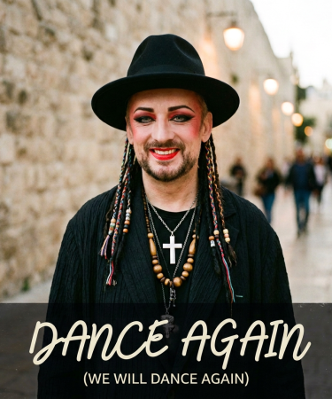 Smiling performer in black hat and makeup with Hebrew text, "שם נקרא" and "אנחנו נרקוד שוב"