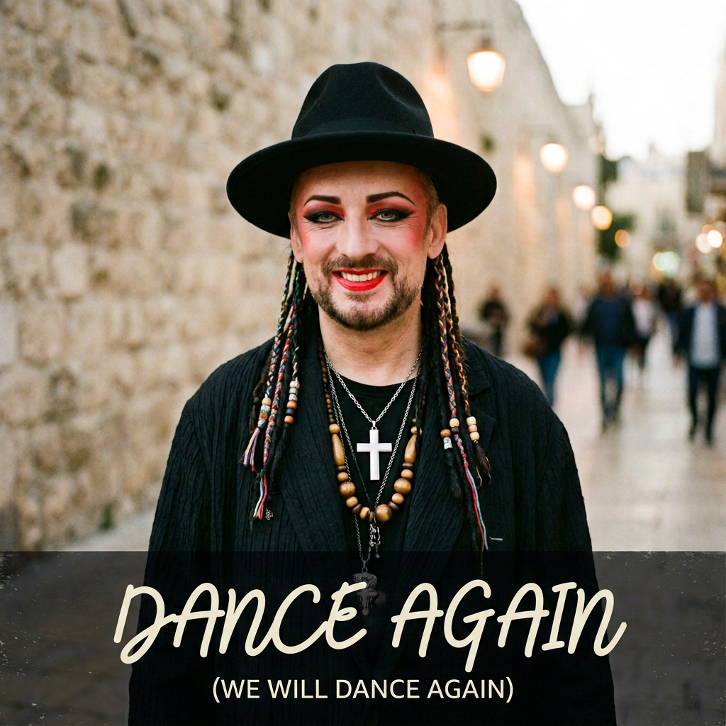 Smiling performer in black hat and makeup with Hebrew text, "שם נקרא" and "אנחנו נרקוד שוב"